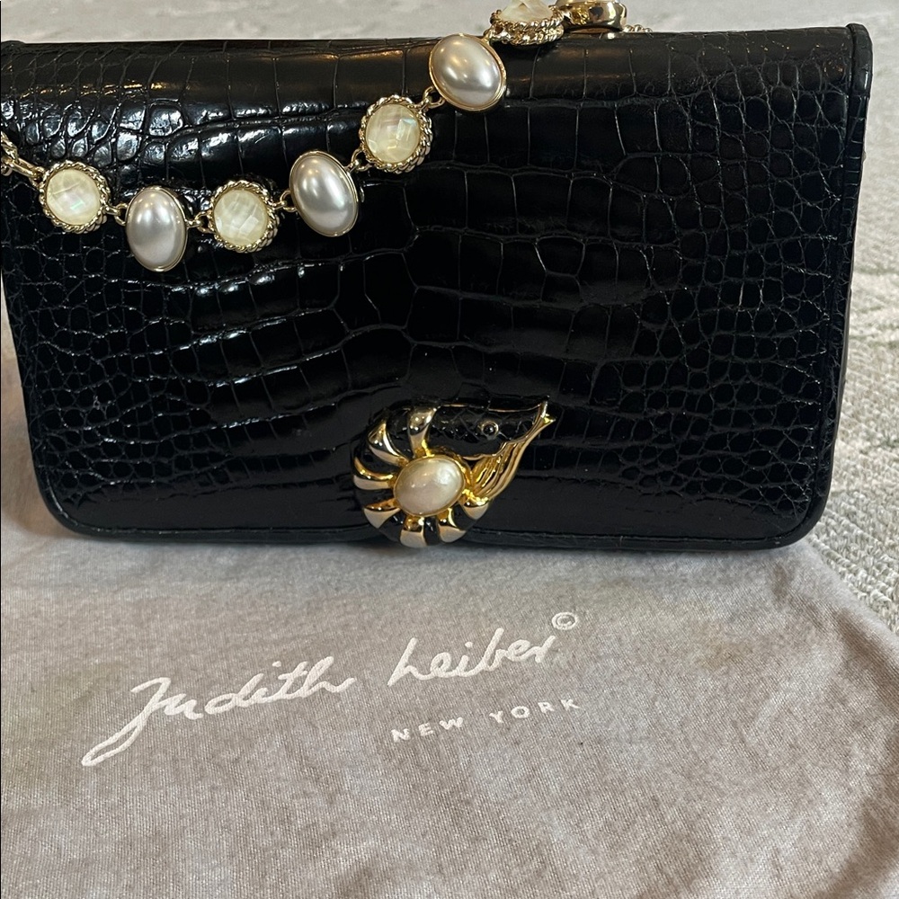 JUDITH LEIBER horoscope Black Crocodile Clutch with Gold & Pearl Detailing